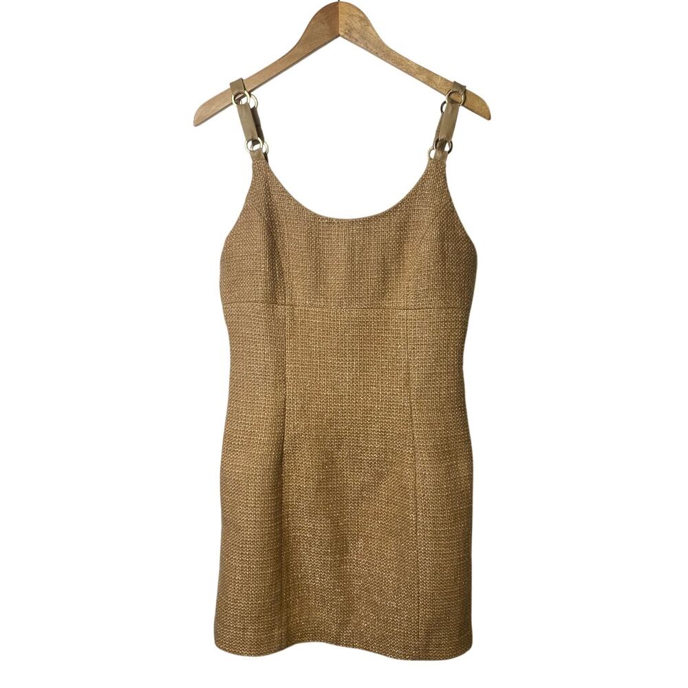 Boston Proper Tan and Gold Tweed Jumper Sheath Dress Faux Leather Straps Size 10